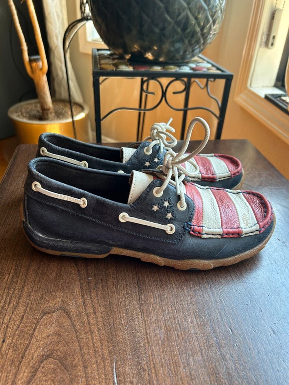 Twisted X Women's 9 Driving Mocs bomber leather red white blue American flag